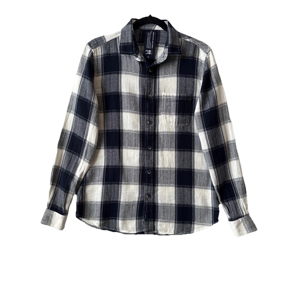 Killer Navy Blue White Plaid Button‎ Up Shirt Men's L 100% Woven Cotton Classic